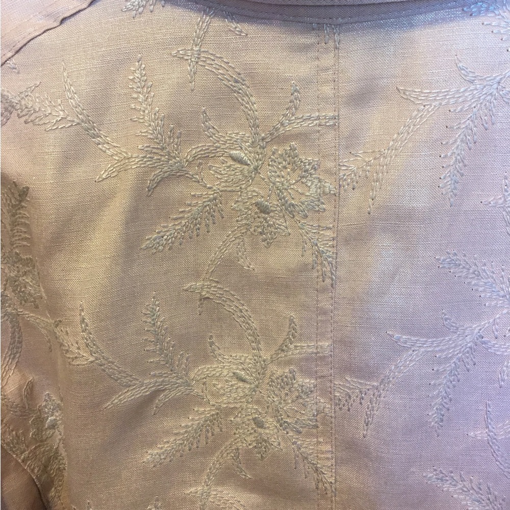 CHICO’S Light Pink Textured Linen size 4 (XXL=20) Blazer Jean jacket 3/4 sleeve - Picture 9 of 12